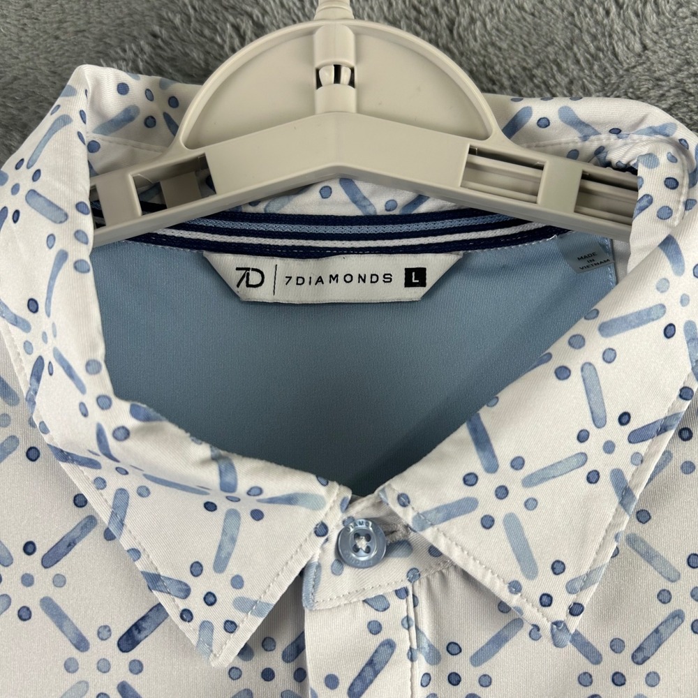 7 Diamonds Marbella Mens Large Blue White Geometric 4-Way Stretch Golf Polo - Picture 3 of 9